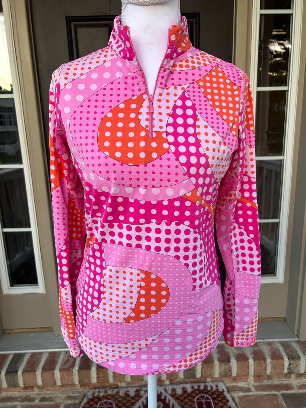 Ibkul 1/4 Zip Mock Neck Pink Orange Polka Dot Long Sleeve Top Sheer Mesh Xs